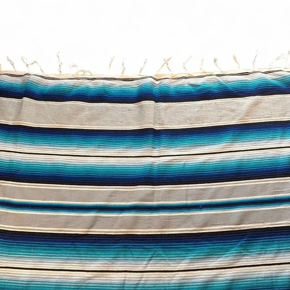 Blue and‎ White Striped Mexican Saltillo Serape 5’x7’ Blanket